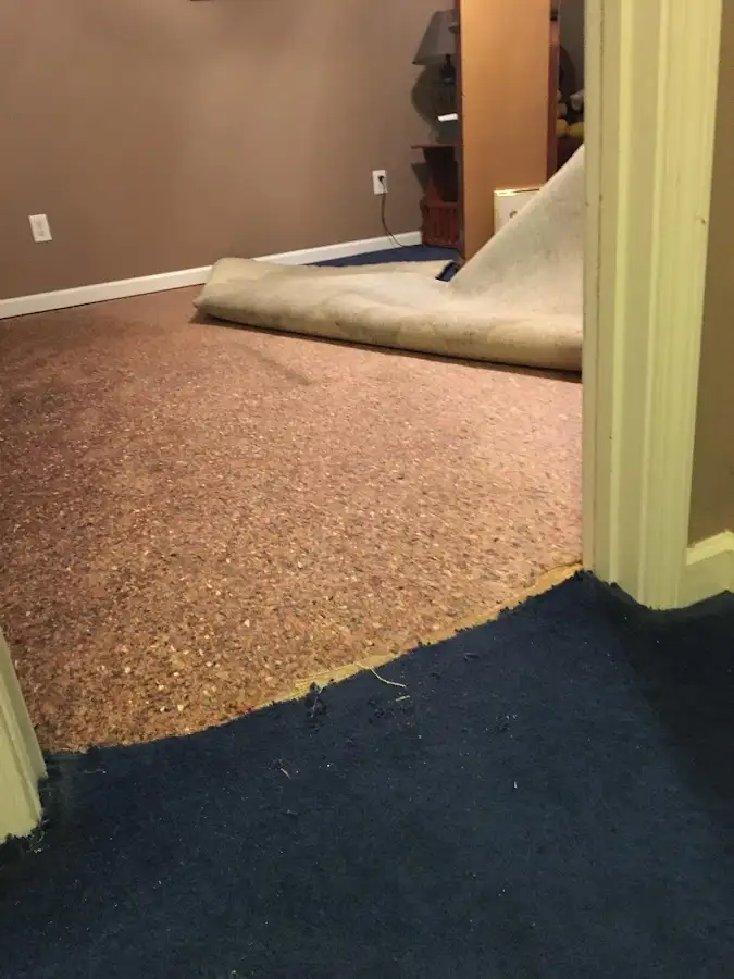 Carpet pad removal revealing water damage during Water Mitigation Services in Seal Beach